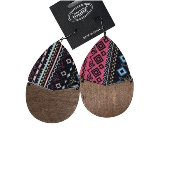 NWT Wooden Fabric Covered Boho Aztec Dangle Earrings Pink Black Blue - Picture 2 of 5